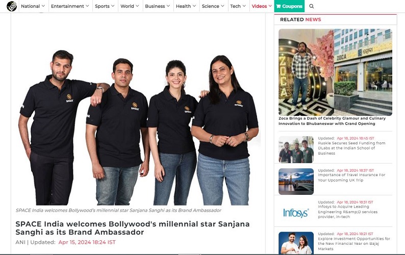 SPACE India welcomes Bollywood's millennial star Sanjana Sanghi as its Brand Ambassador ANI