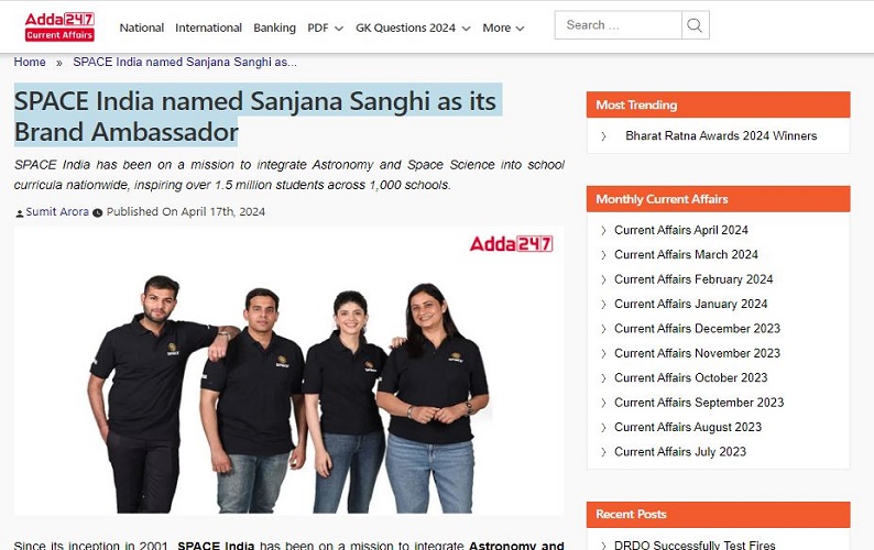 SPACE India named Sanjana Sanghi as its Brand Ambassador Adda 24 7 current affairs