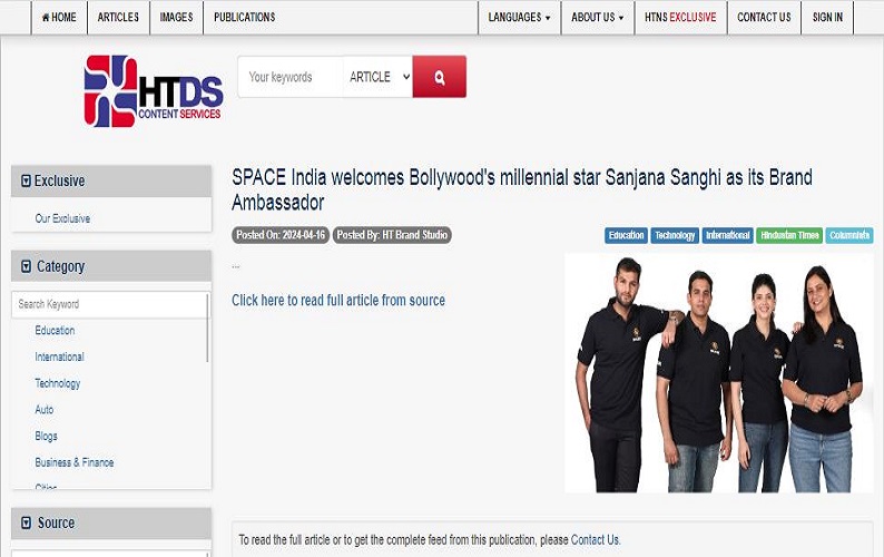 SPACE India welcomes Bollywood's millennial star Sanjana Sanghi as its Brand Ambassador HTDS