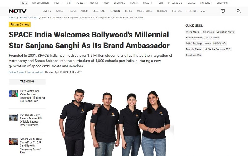 SPACE India Welcomes Bollywood's Millennial Star Sanjana Sanghi As Its Brand Ambassador ndtv
