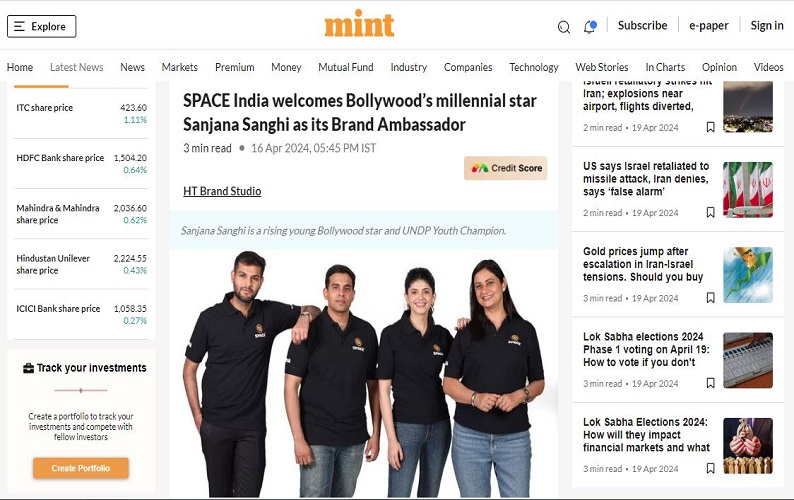 SPACE India welcomes Bollywood’s millennial star Sanjana Sanghi as its Brand Ambassador Mint