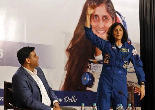 Nasa astronaut Sunita Williams during a conversation with Sachin Bahmba, chairman and managing director of SPACE group at India Islamic Cultural Centre in New Delhi
