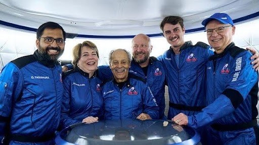 Indian entrepreneur and pilot Gopi Thotakura with crew members of Blue Origin's private astronaut launch NS-25 mission, in Texas