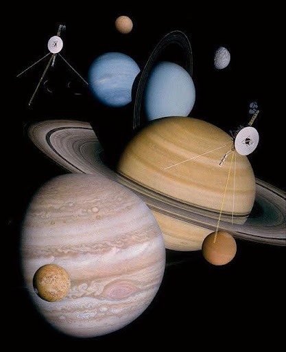 A poster of the planets and moons visited during the Voyager program Credits NASA