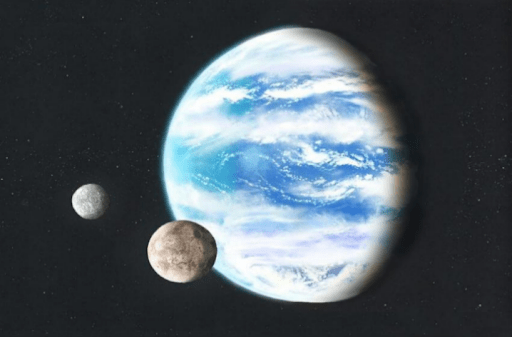 Artist impression of a hypothetical ocean planet with a terrestrial atmosphere and two satellites