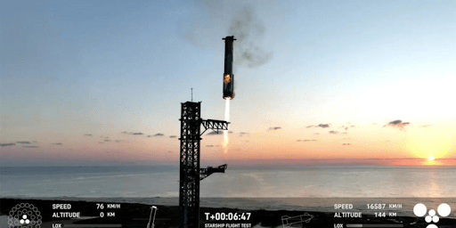 The Super Heavy booster descends to be captured by mechanical arms on the rocket's launch gantry SpaceX