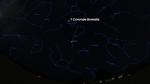 The location of T Coronae Borealis is indicated in this simulated view of the night sky